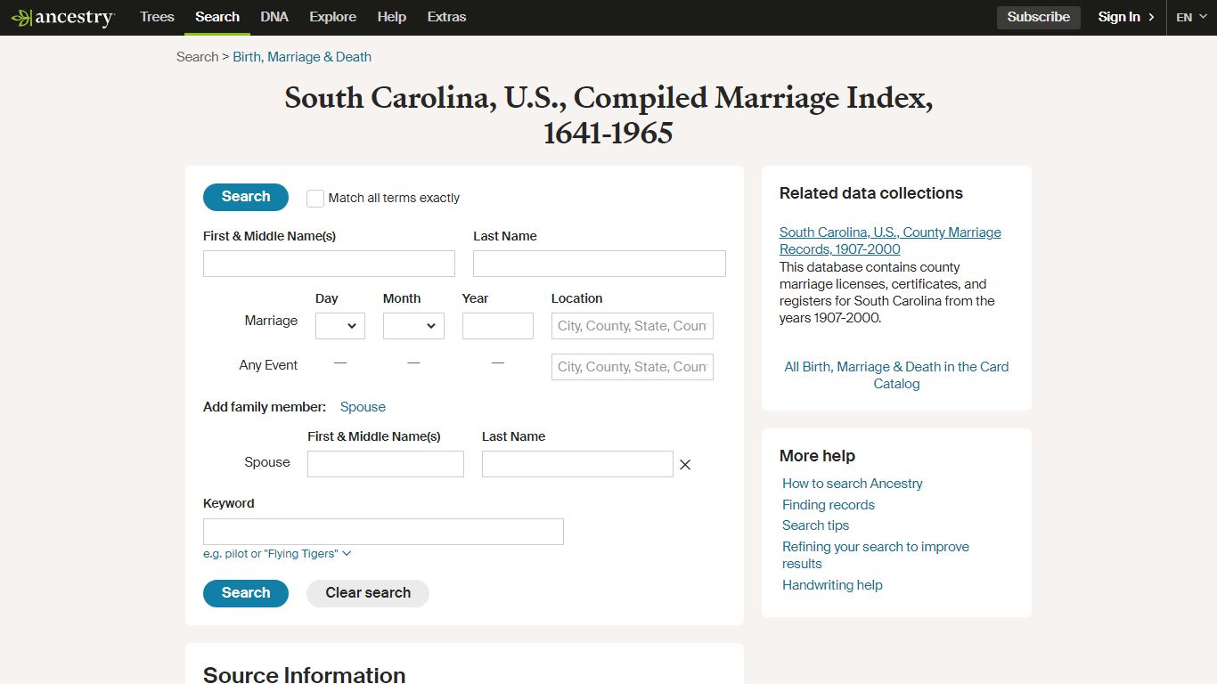 South Carolina, U.S., Compiled Marriage Index, 1641-1965